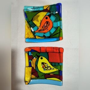 2 Beautiful Fused Painted Glass Bird Plates